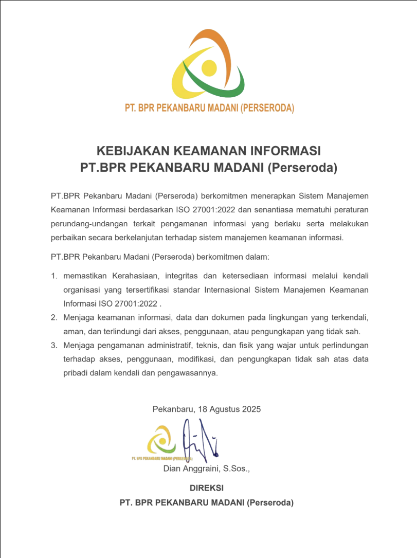 KEBIJAKAN KEAMANAN INFORMASI PT. BPR PEKANBARU MADANI (Perseroda)
